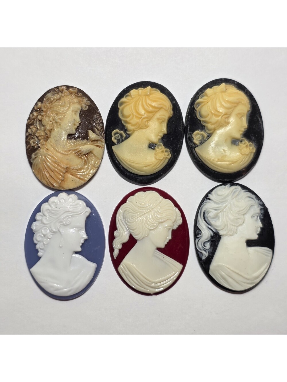 Lot of 6 Large Vintage Style Lady Cameo Cabochons Resin Mixed Colors EUC